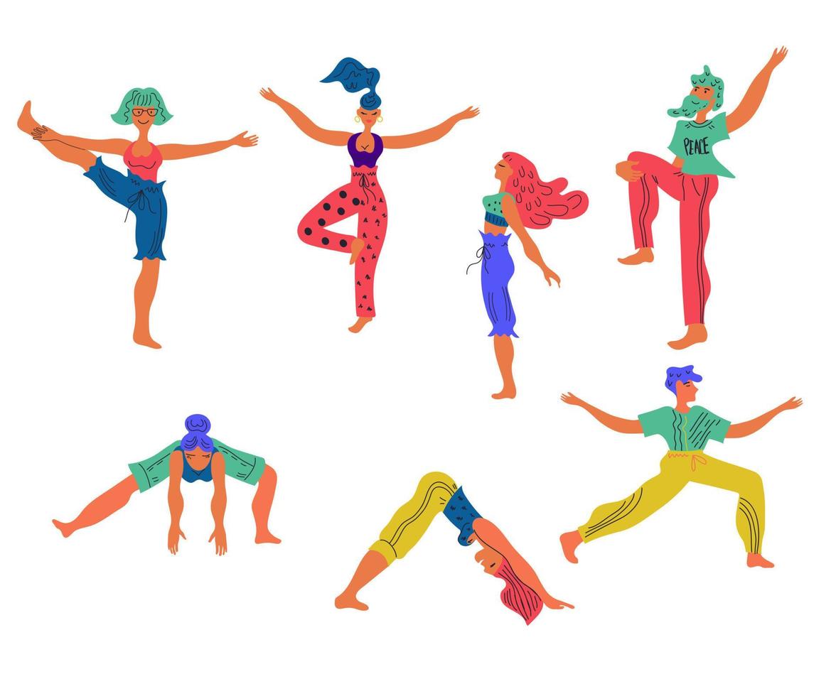 Set of people characters practice yoga in various poses vector illustration isolated on white background. Healthy active lifestyle and wellbeing concept for sport projects.