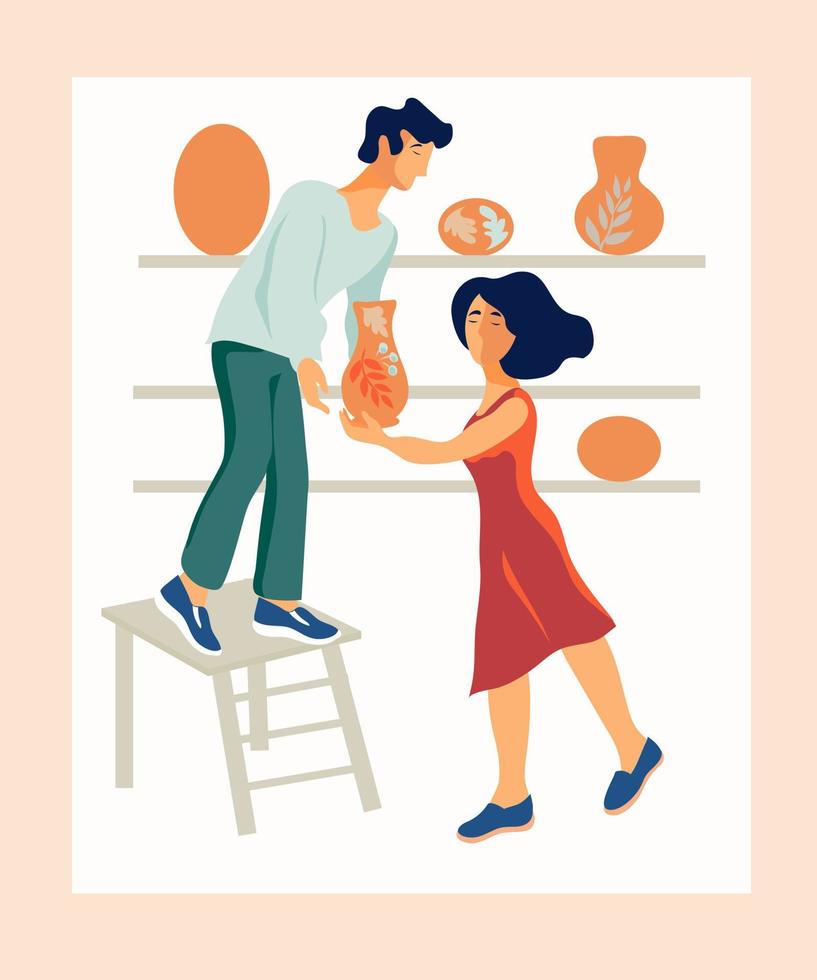 A man and a woman, employees of a pottery shop or a street shop arrange clayware flat vector illustration isolated. Design for ceramic master classes and shops of handicrafts.