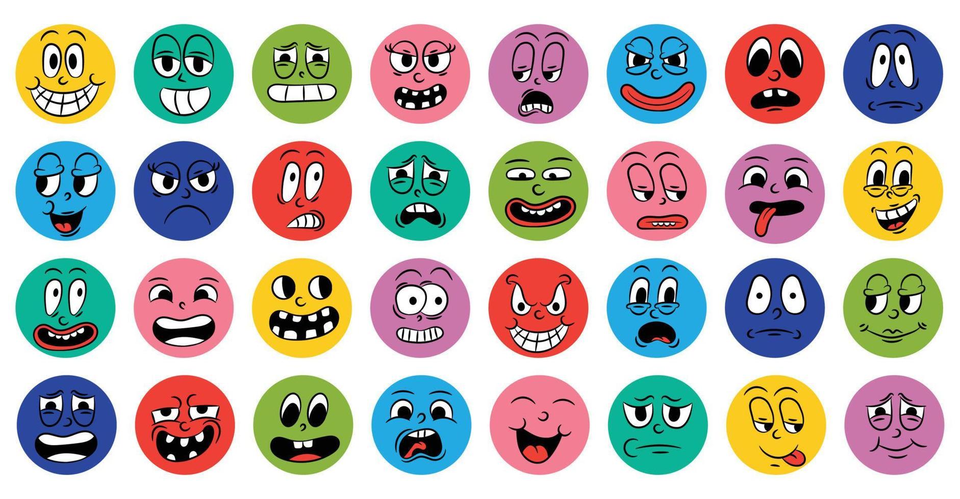 conjunto de caras cómicas de dibujos animados en estilo retro con diferentes expresiones de emociones. iconos redondos abstractos de cabezas de personajes emocionales. Animación de gente emoji al estilo de los años 20 y 30. vector