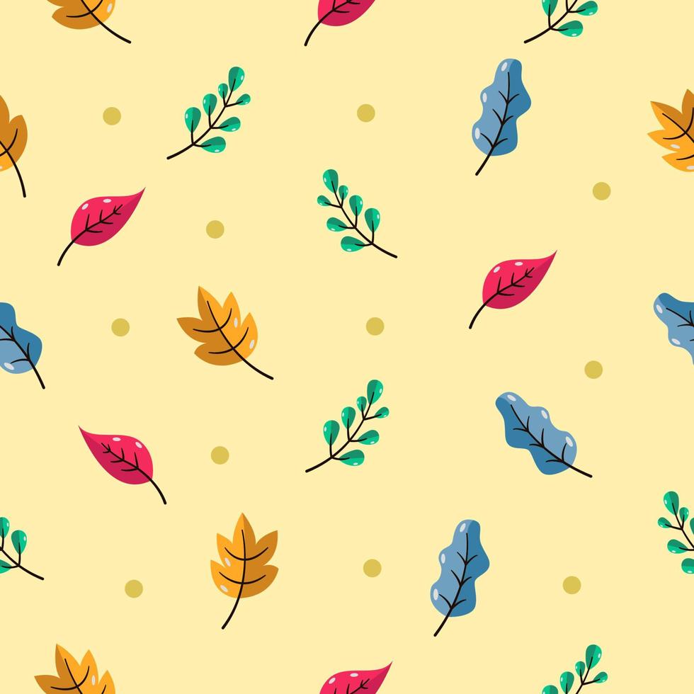 Seamless leaves pattern with yellow, red, blue and green. Endless Background. Yellow background. vector