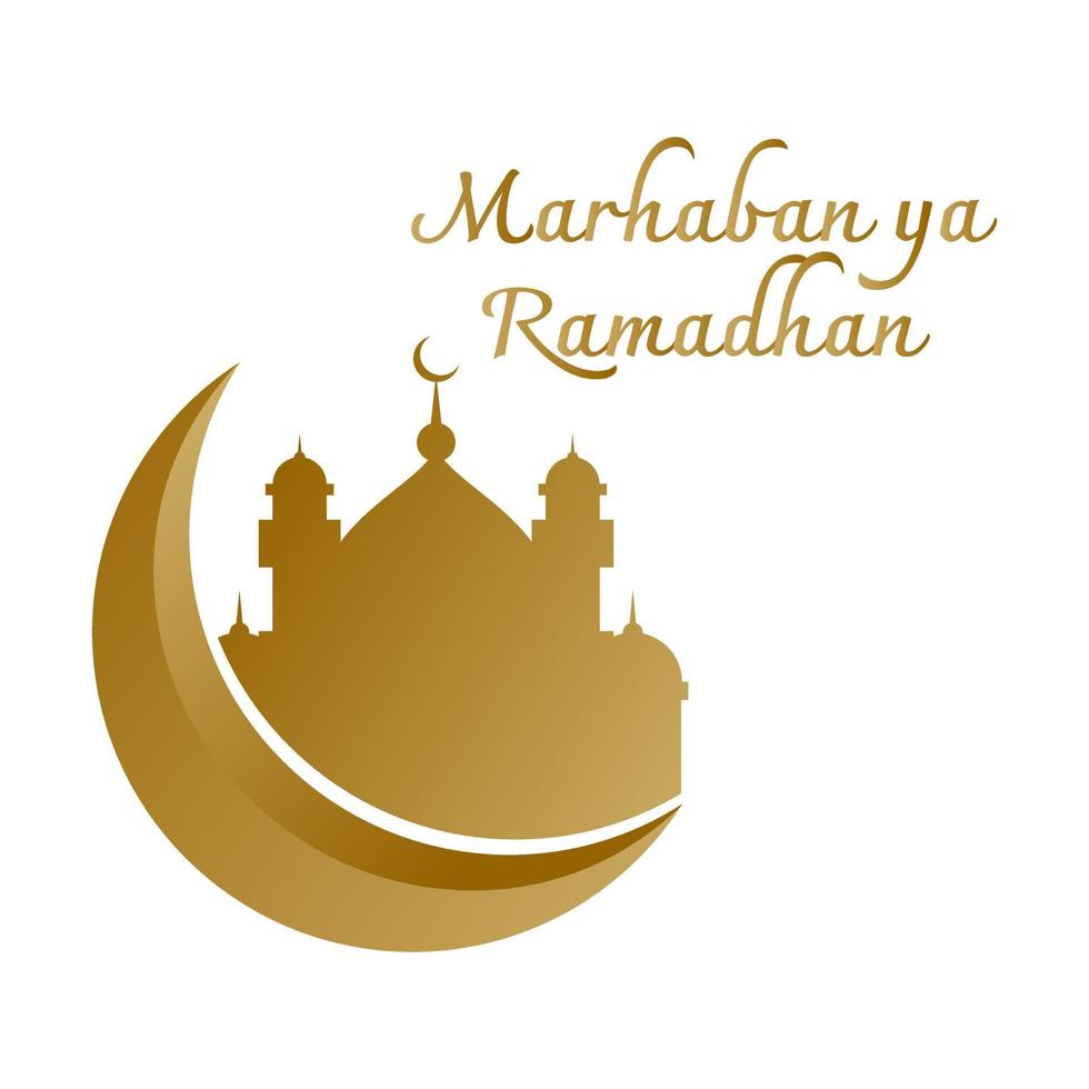 mezquita construida sobre una luna con saludo marhaban ya ramadan. vector