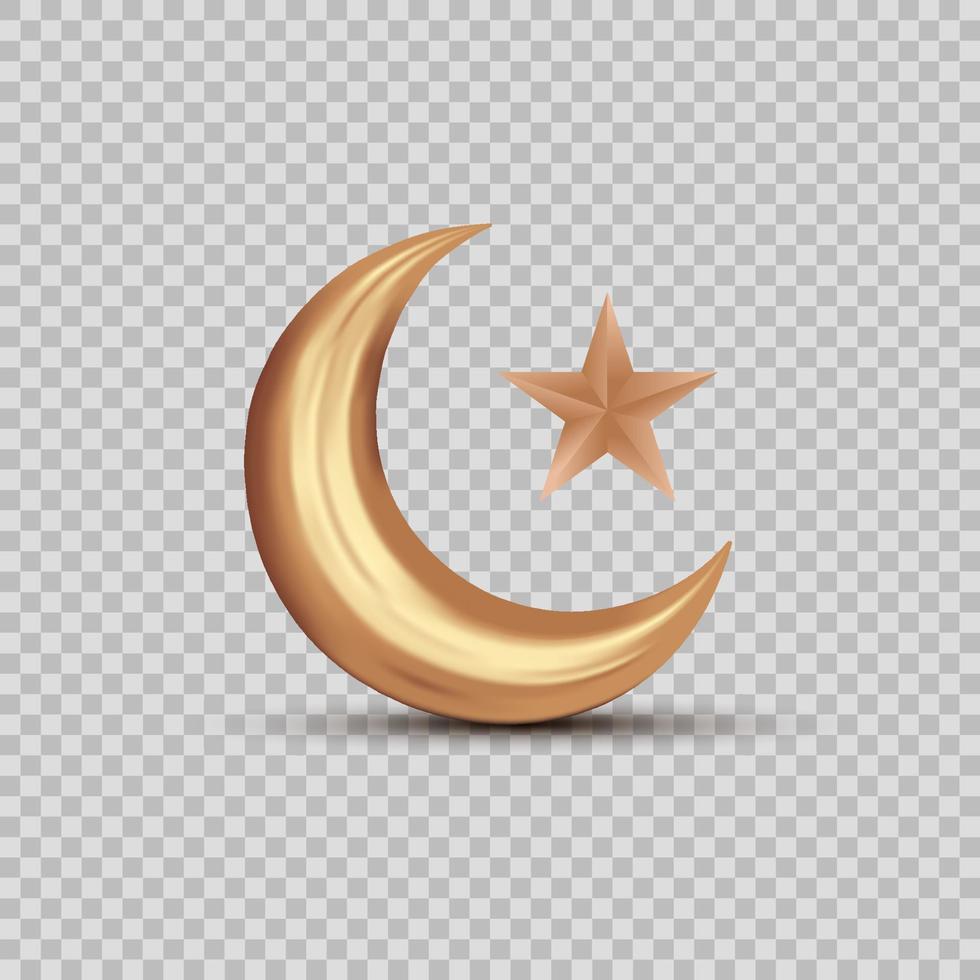 Vector 3d style illustration of golden moon and stars. Decorative vector elements for Muslim holidays. Isolated on transparent background.