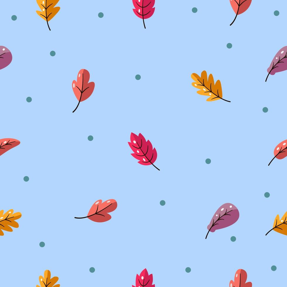 Seamless leaves pattern with yellow, red and purple. Endless Background. Blue background. vector