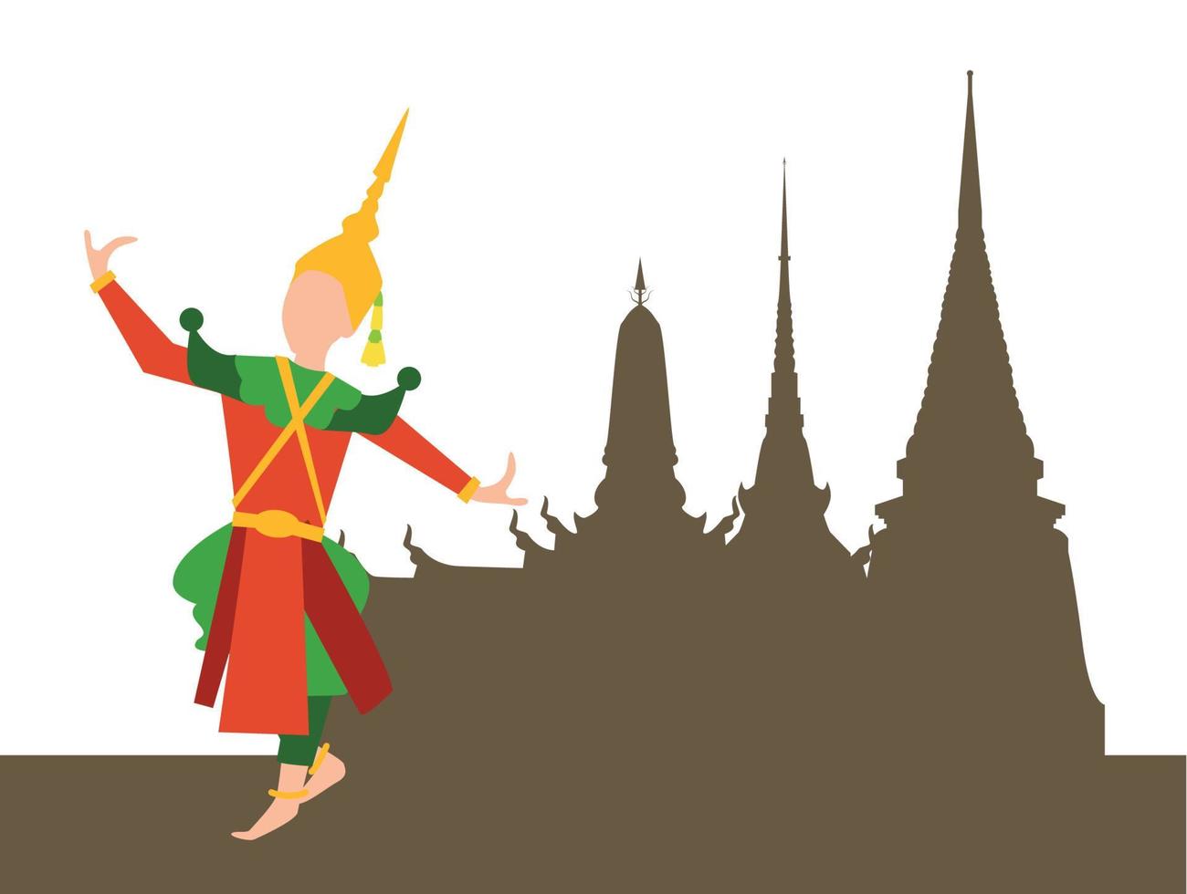 The man in the Thai dancer's outfit is dancing . vector