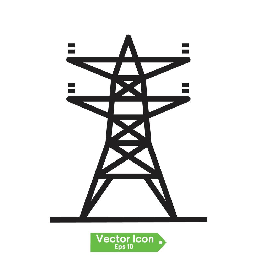 torre de celosía y línea de alimentación aérea icono de línea delgada aislado. Señal de esquema de líneas eléctricas de torres de transmisión de dos fases vectoriales. estructura de pilón de electricidad, torre de celosía de acero para soportar la línea eléctrica vector