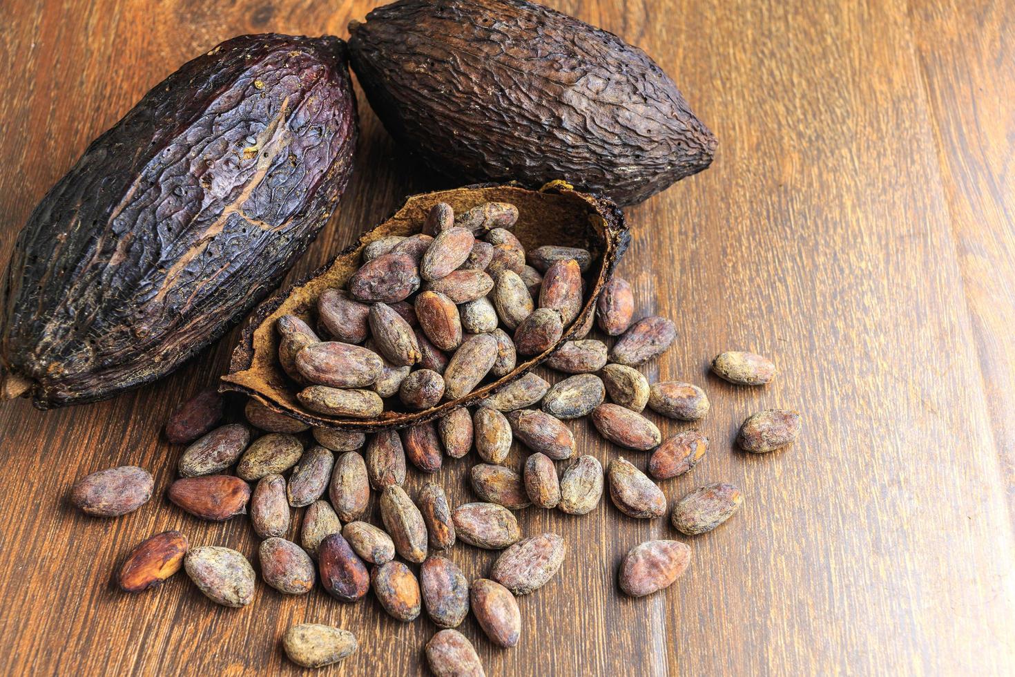 cacao seco y grano de cacao seco sobre mesa de madera foto