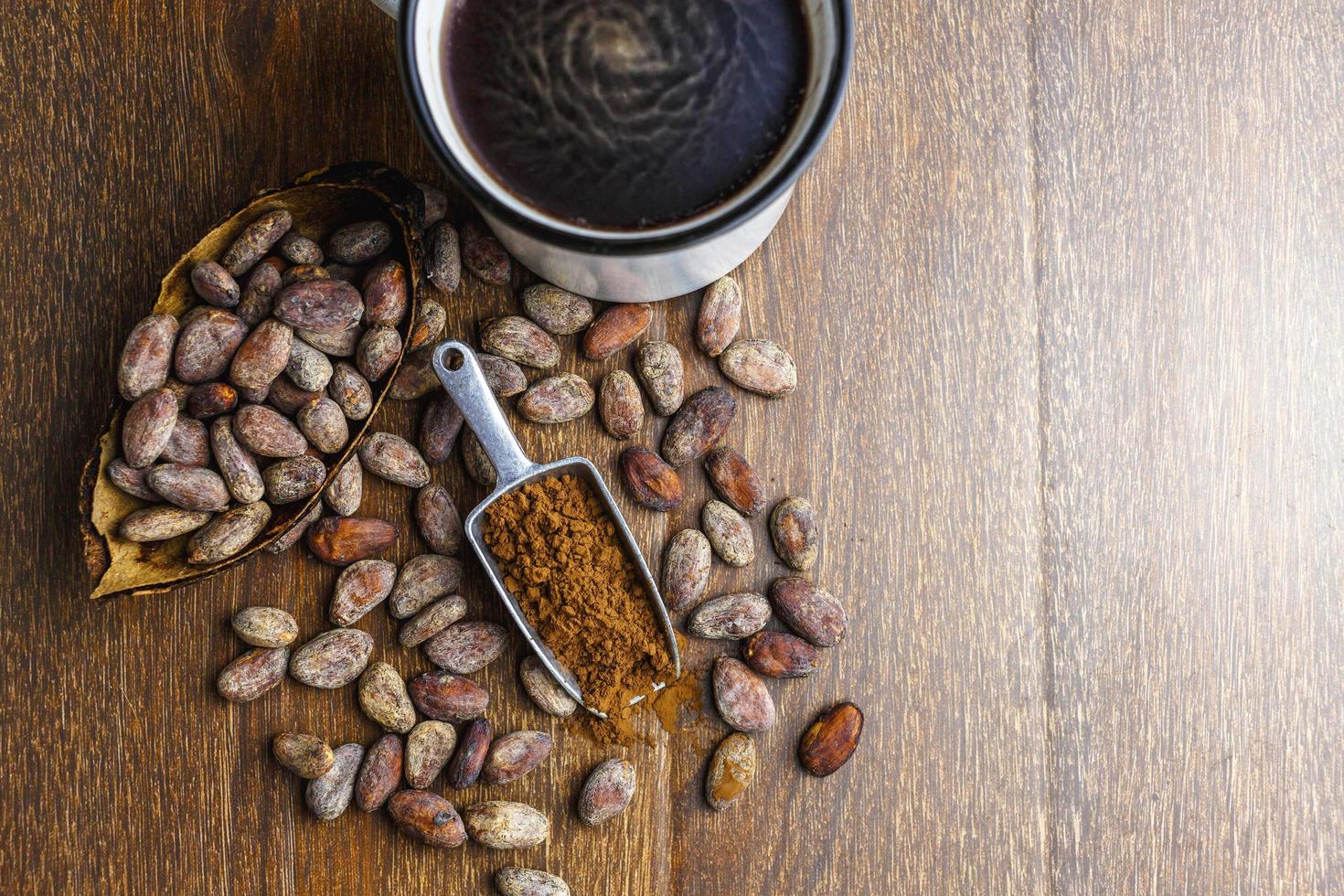 Hot cocoa drink or chocolate drink with cocoa powder and cocoa beans. photo