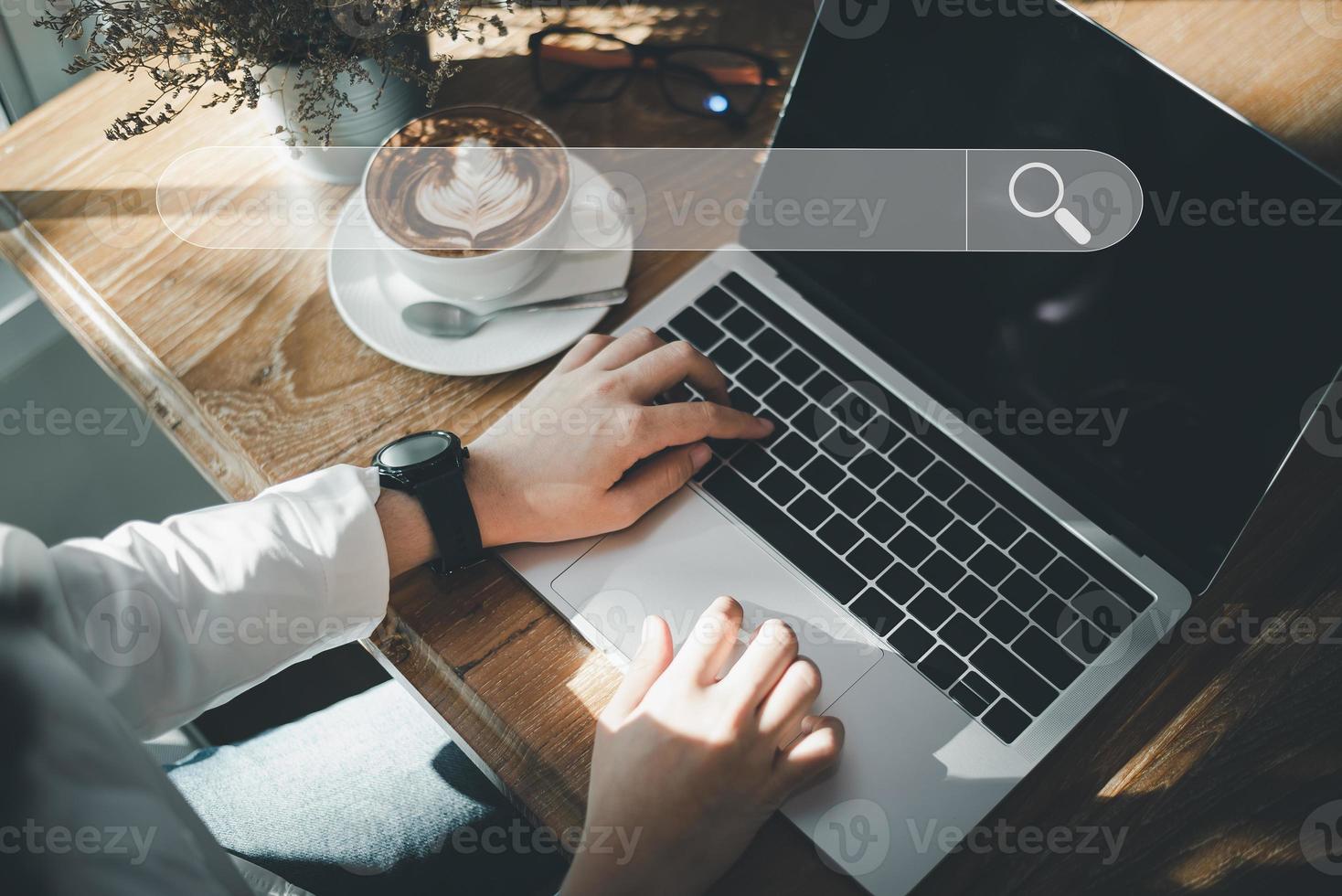 Searching Browsing Internet Data Information Networking Concept, Human hand use laptop to search the internet, Searching engine with blank search bar, Search engine optimization, SEO photo