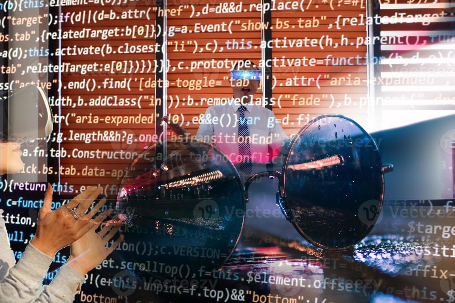 The young woman and man wearing virtual reality glasses in a modern interior design coworking studio with big black glasses on the table. Horizontal, flares effect, blurred background. photo