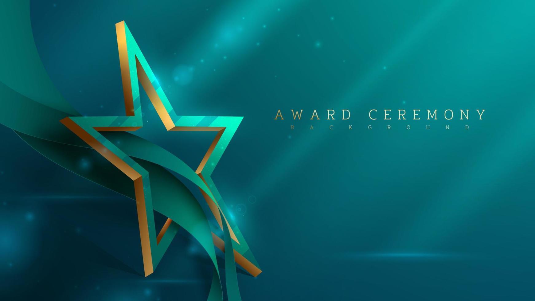 fondo de la ceremonia de entrega de premios y forma de estrella dorada 3d con elemento de cinta verde y decoración de efecto de luz brillante y bokeh. vector