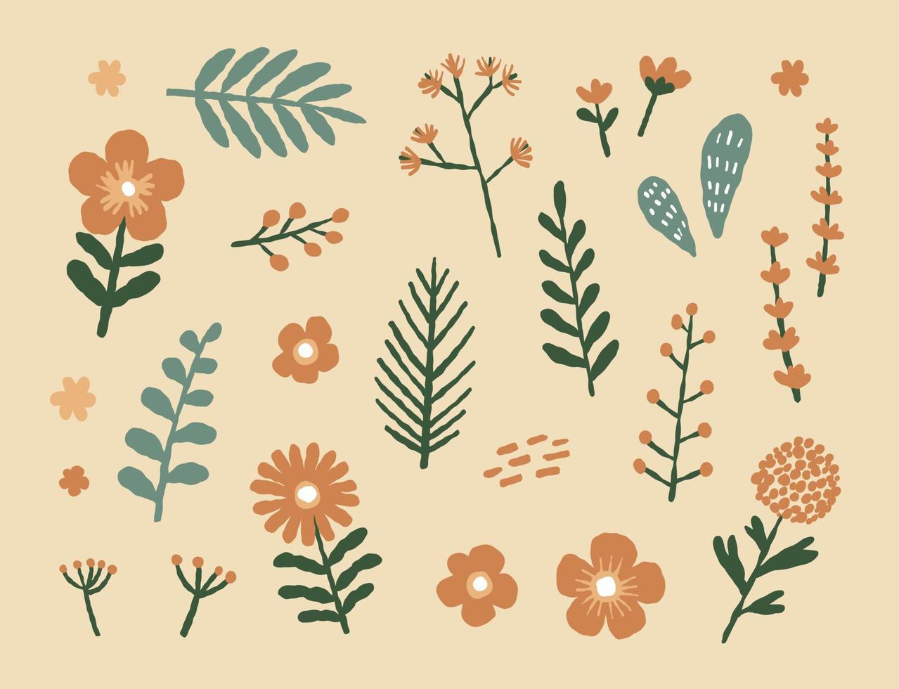 Hand-drawn floral collection with flowers and leaves vector