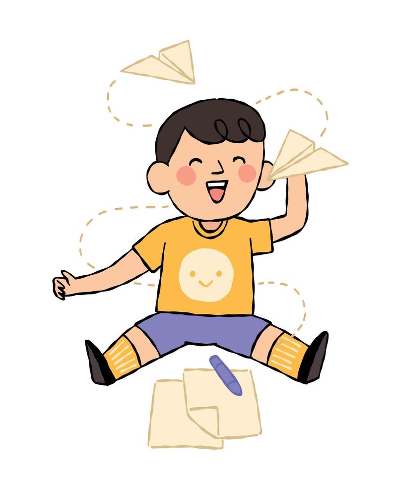 niño con camisa y pantalones cortos jugando cohete de papel vector