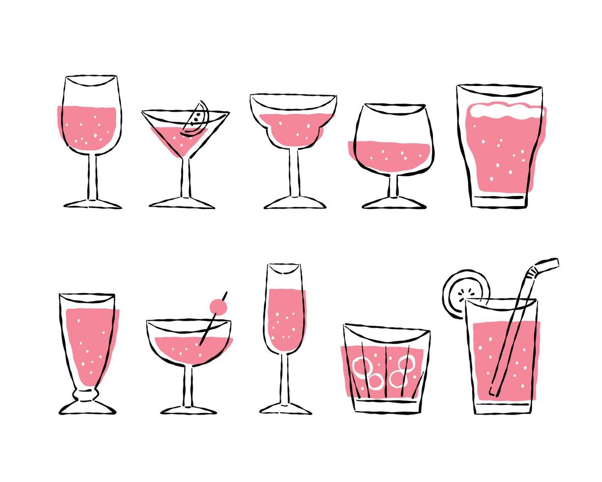 various of drink glasses with pink beverage vector