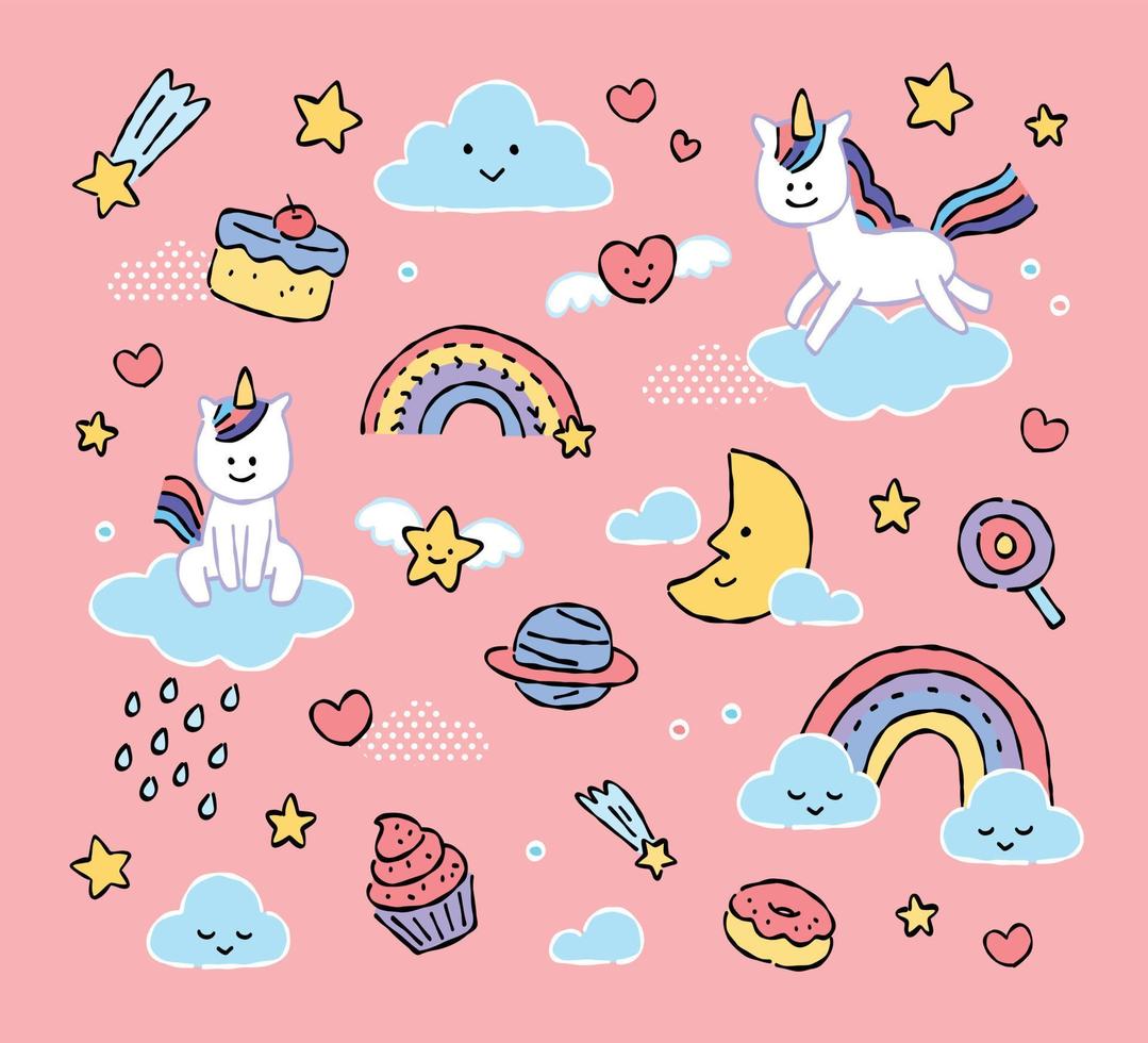 conjunto de vector pastel unicornio, nubes, estrella, postre, planeta, ilustración infantil