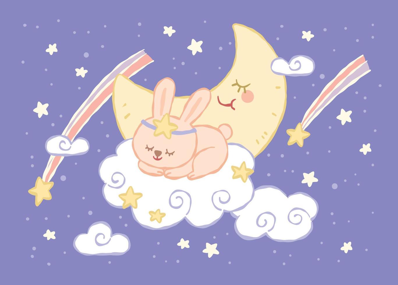 pastel pink rabbit sleeping on the clouds in front of half-moon and comet in night sky pastel color vector