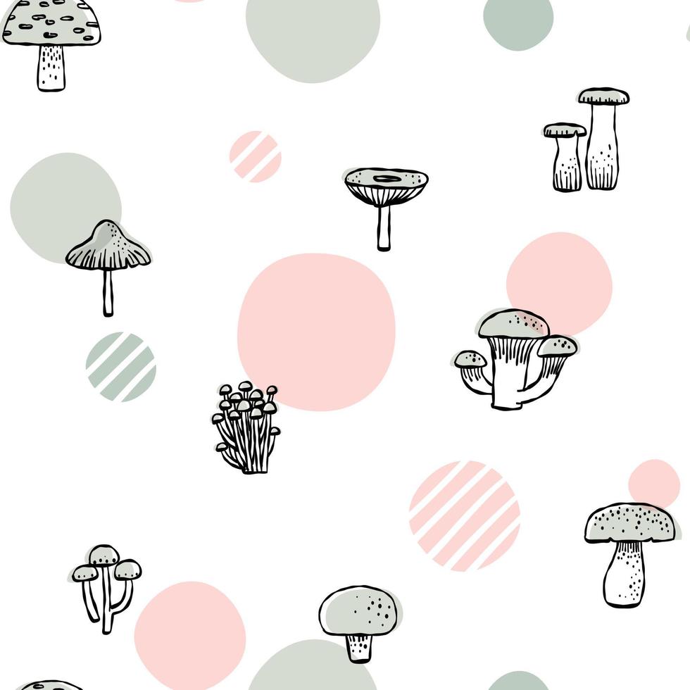 seamless pattern various of mushroom line art with pastel dot color vector