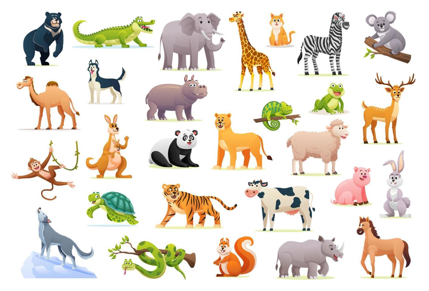 Set of cute wild animals in cartoon style vector