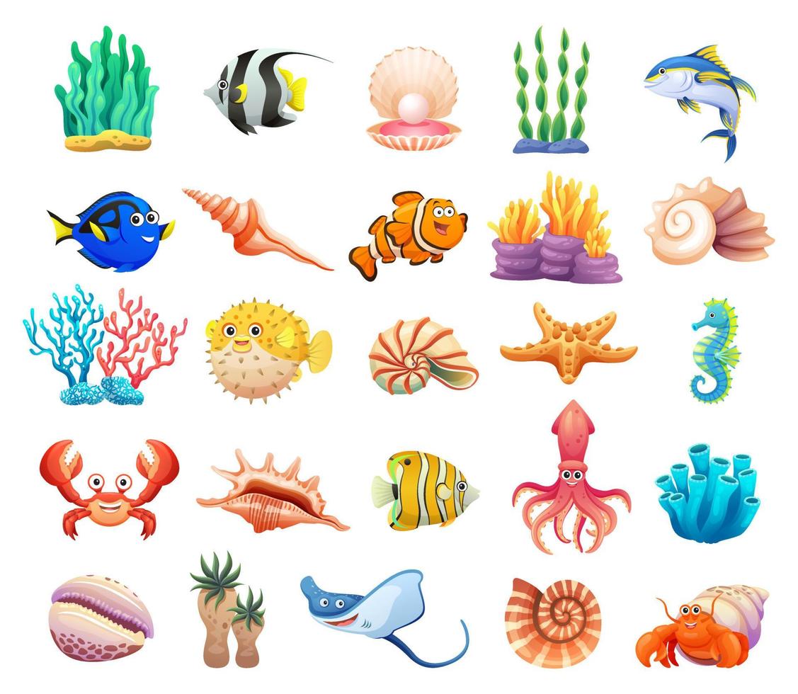 colección de dibujos animados de animales marinos, conchas marinas y arrecifes de coral vector