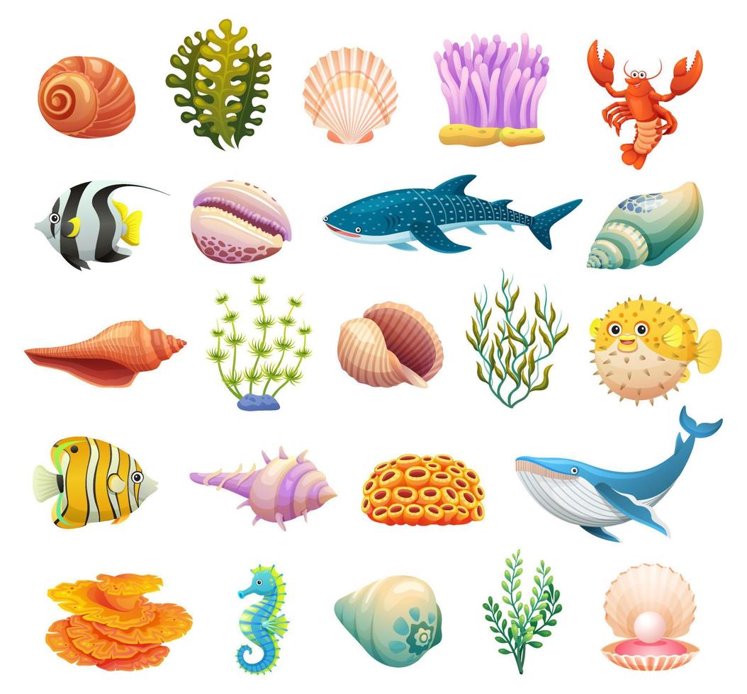 conjunto de ilustraciones de dibujos animados de iconos submarinos de vida marina vector