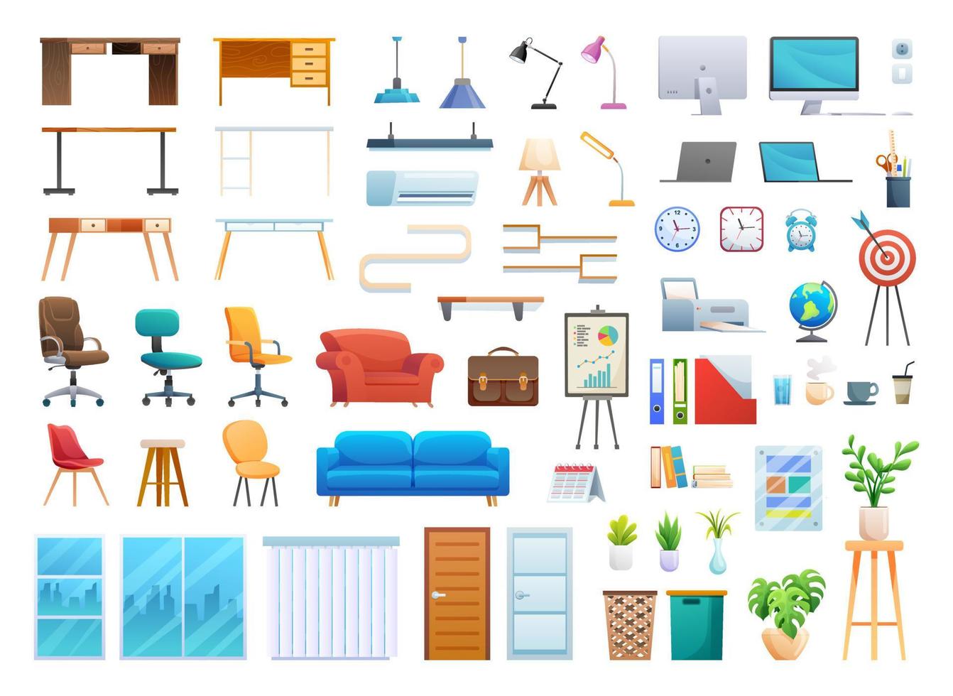 Set of office furniture and equipment cartoon illustration isolated on white background vector