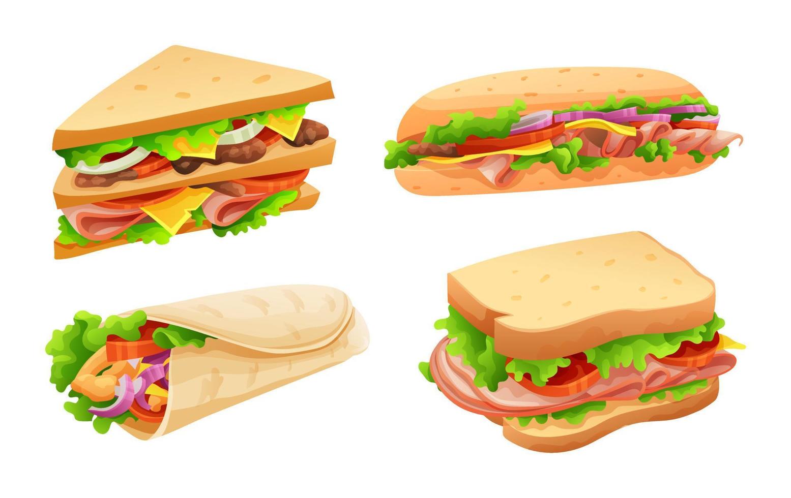 conjunto de deliciosos sándwiches en estilo de dibujos animados vector