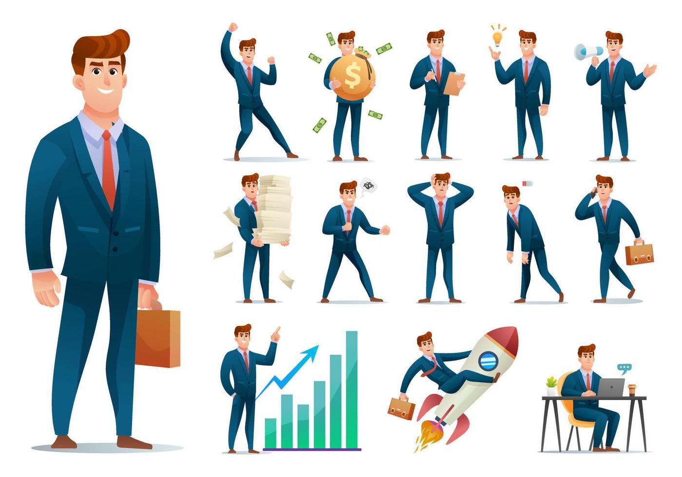 Set of businessman character with different poses and situations cartoon illustration vector