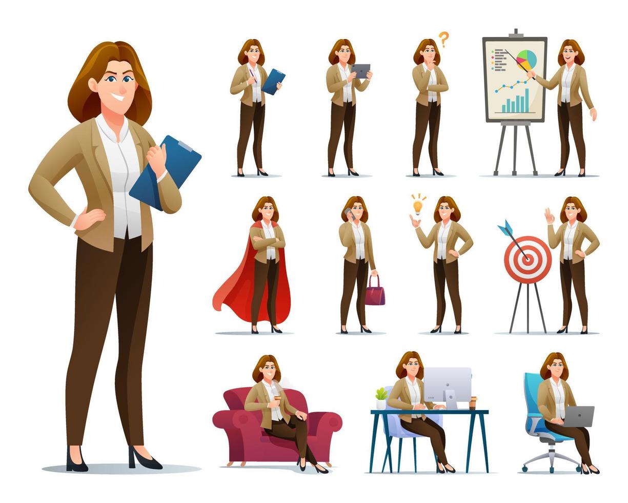 conjunto de personajes de mujer de negocios con diferentes poses y situaciones ilustración de dibujos animados vector