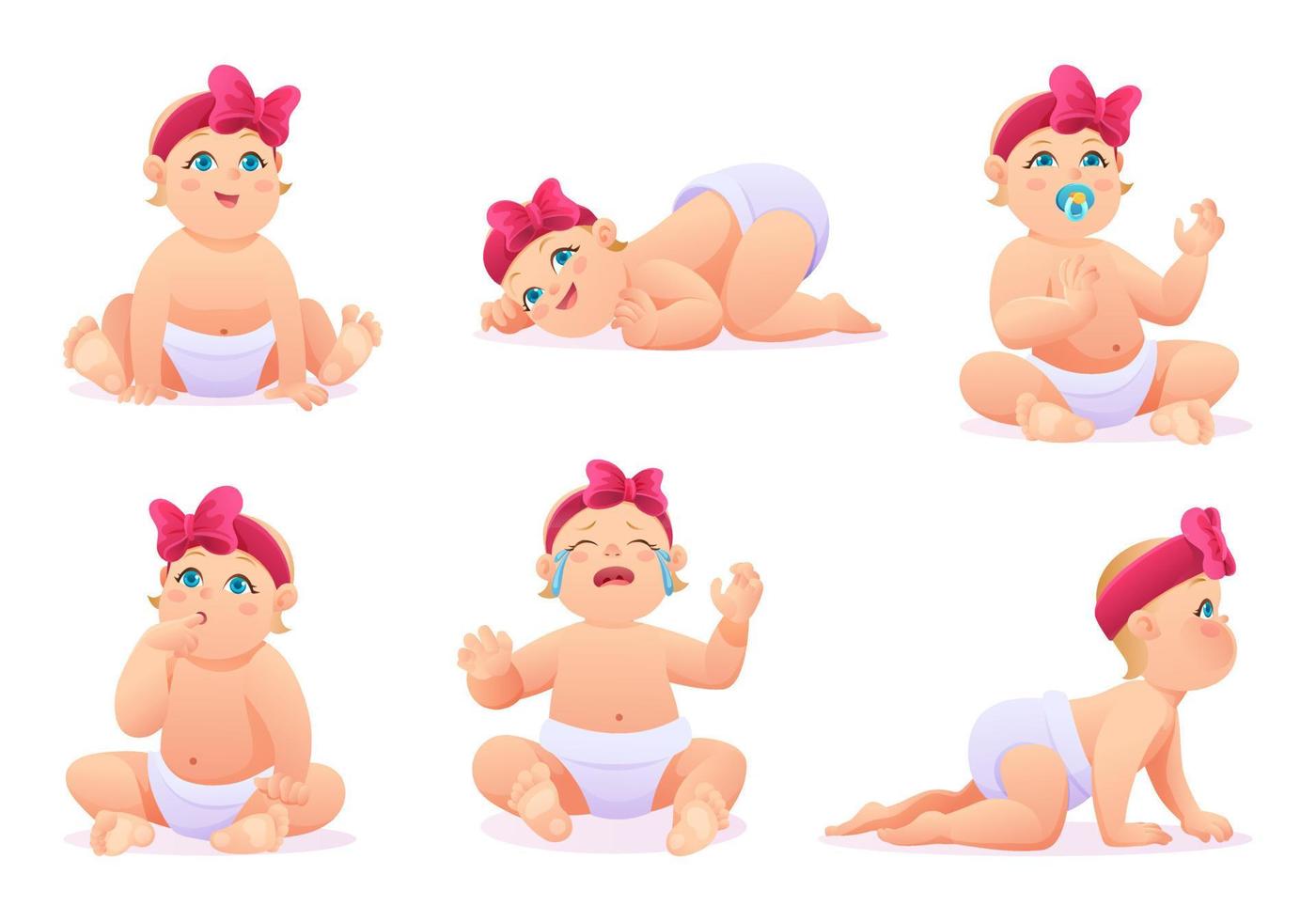 conjunto de linda niñita con pañal en varias poses y situaciones, personaje de caricatura vectorial vector