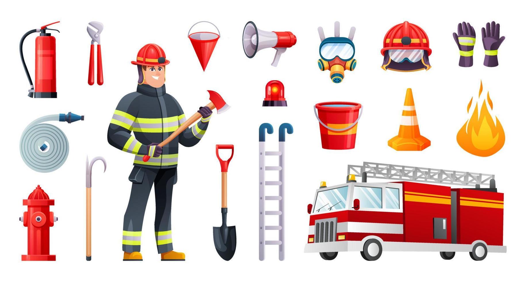 Firefighter character and equipment cartoon illustration isolated on white background vector