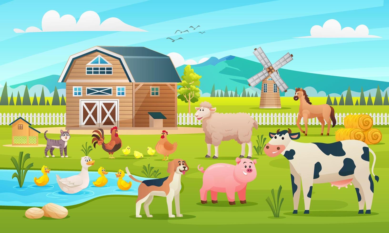 Farm animals set in the farming background cartoon illustration vector