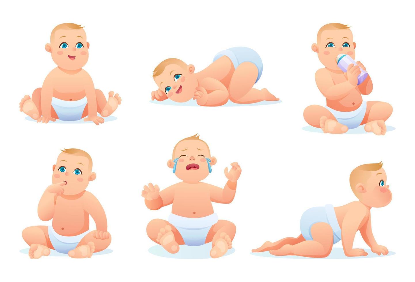 Set of cute little baby boy with diaper in various poses and situations, vector cartoon character