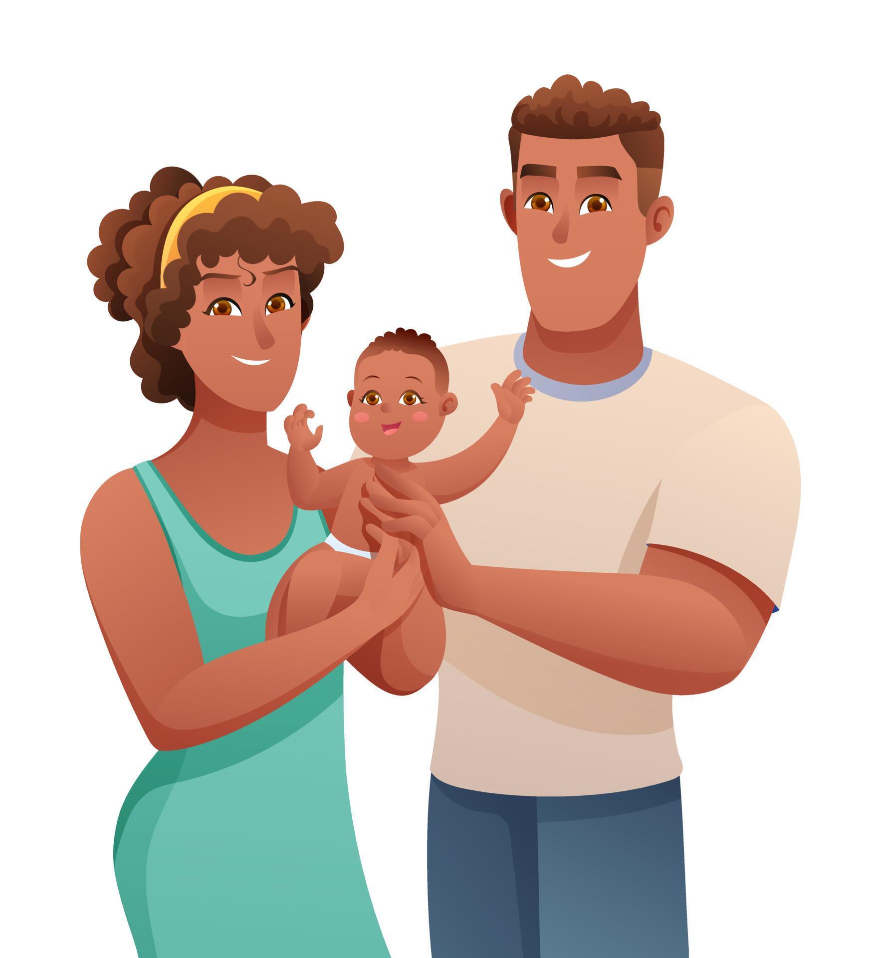 Happy young parents with their cute little baby in cartoon style vector