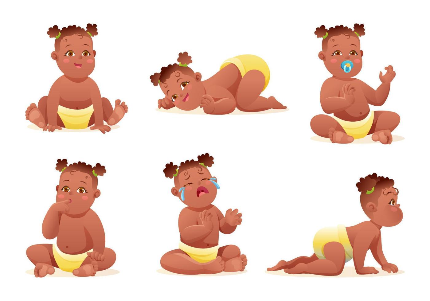 Set of cute little african american baby girl with diaper in various poses and situations, vector cartoon character