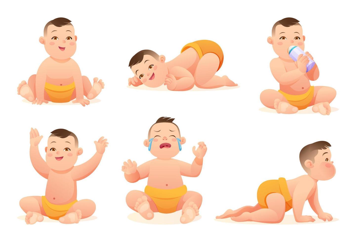 Set of adorable baby boy with diaper in various poses and situations, vector cartoon character