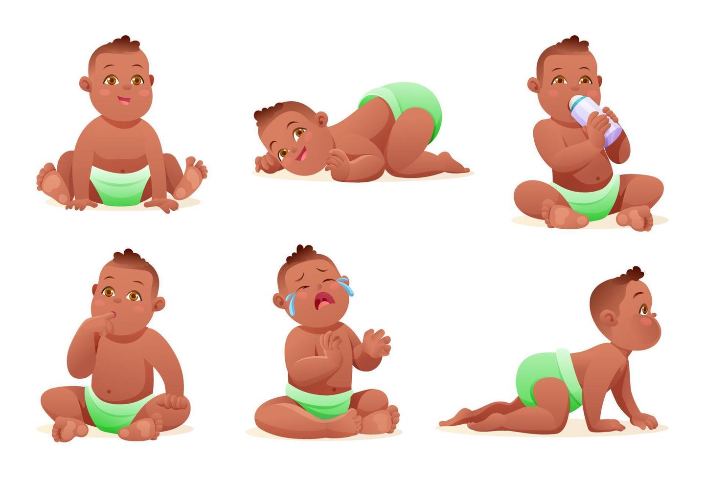 conjunto de lindo niñito afroamericano con pañal en varias poses y situaciones, personaje de caricatura vectorial vector