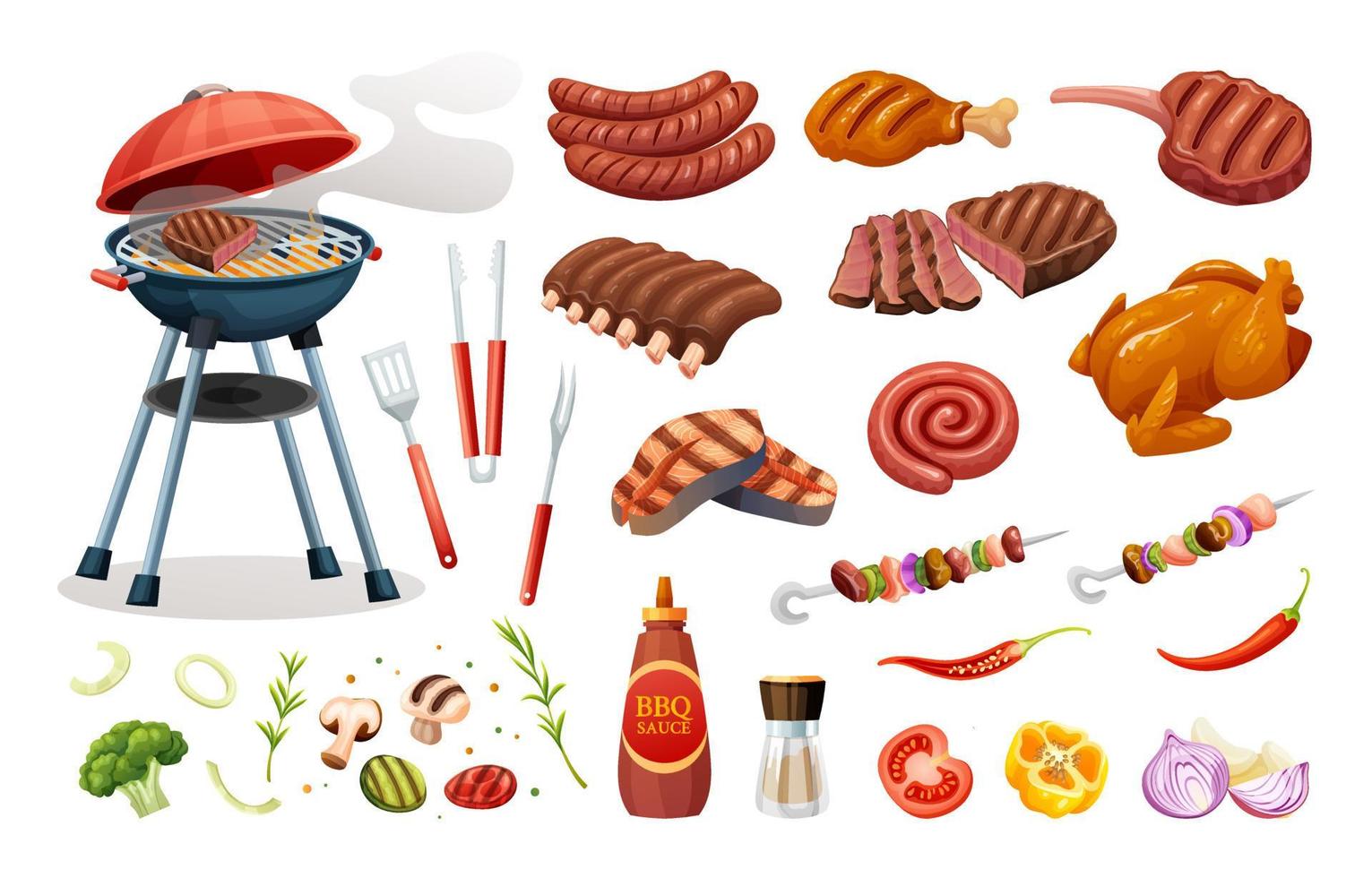 conjunto de elementos de barbacoa carnes e ingredientes a la parrilla.  concepto de fiesta barbacoa en estilo de dibujos animados 6696143 Vector en  Vecteezy