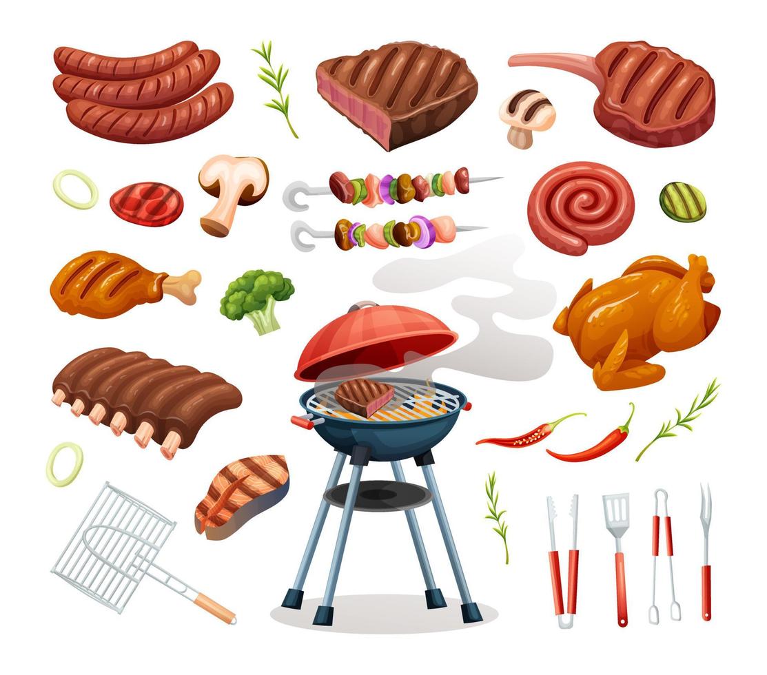 conjunto de elementos de fiesta de barbacoa carnes e ingredientes a la parrilla. concepto de barbacoa en estilo de dibujos animados vector