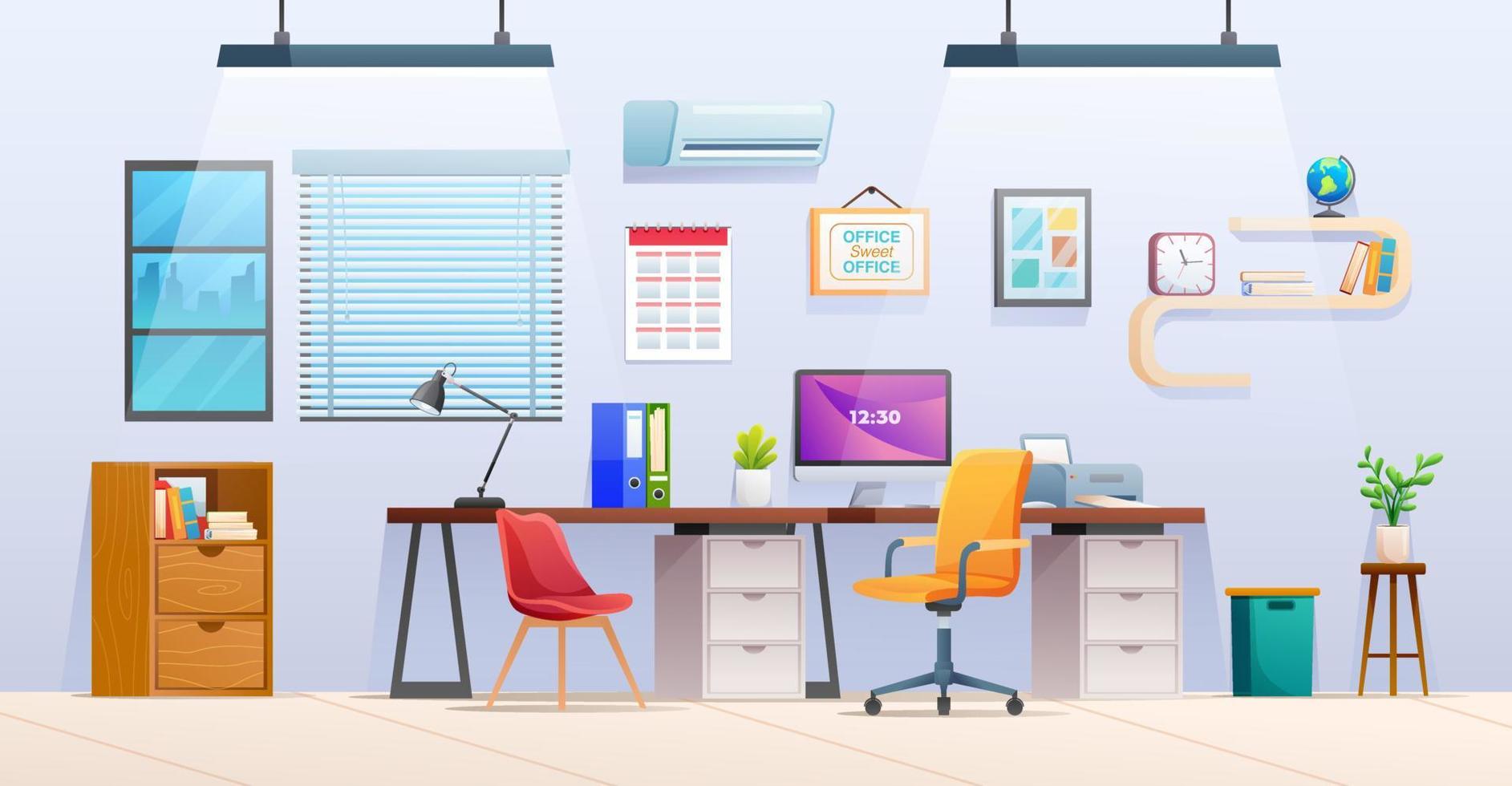 Office workstation interior design cartoon vector