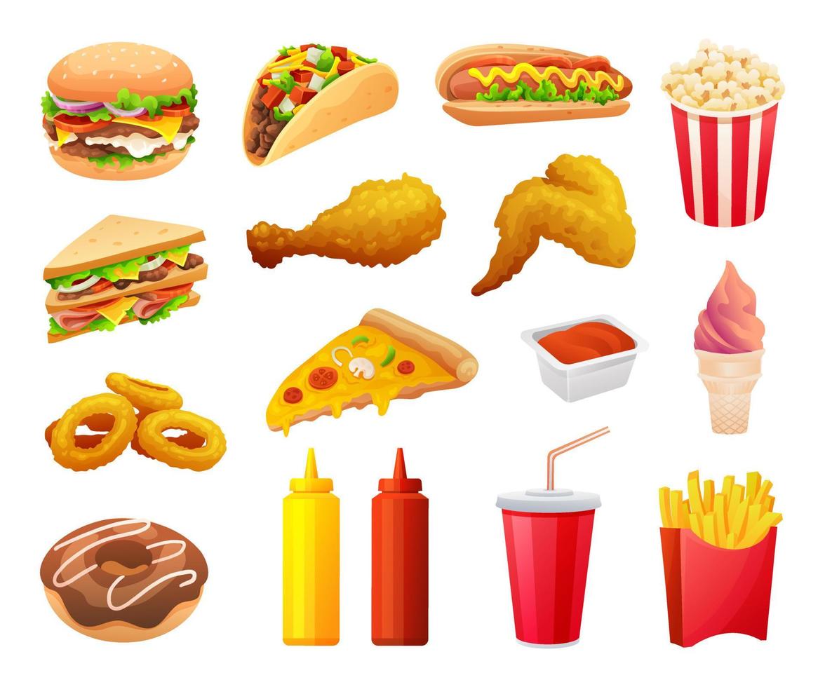conjunto de comida rápida y bebidas en estilo de dibujos animados vector
