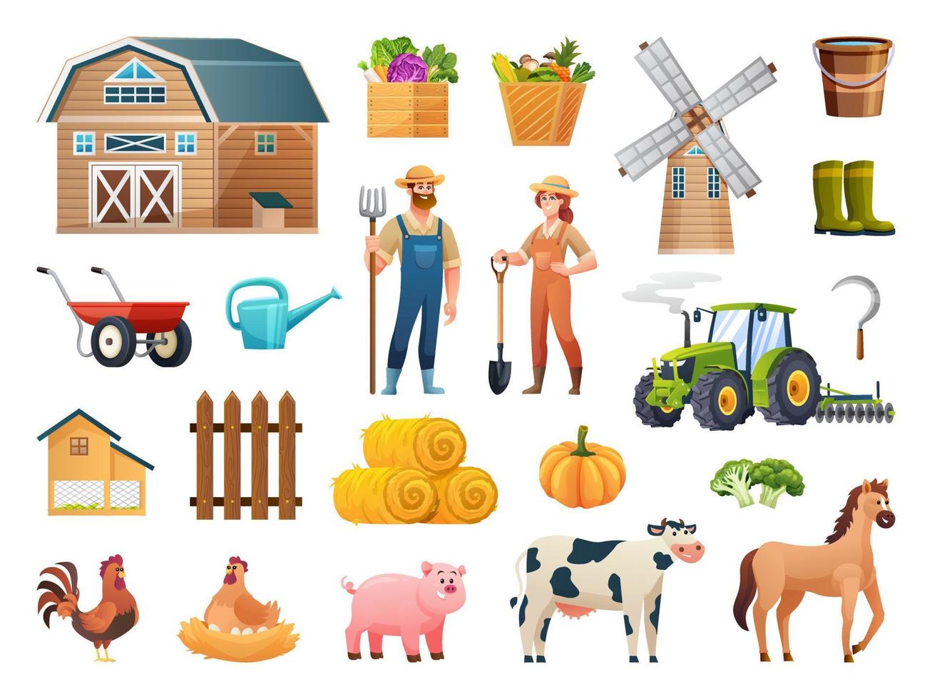 Set of farm elements in cartoon style vector