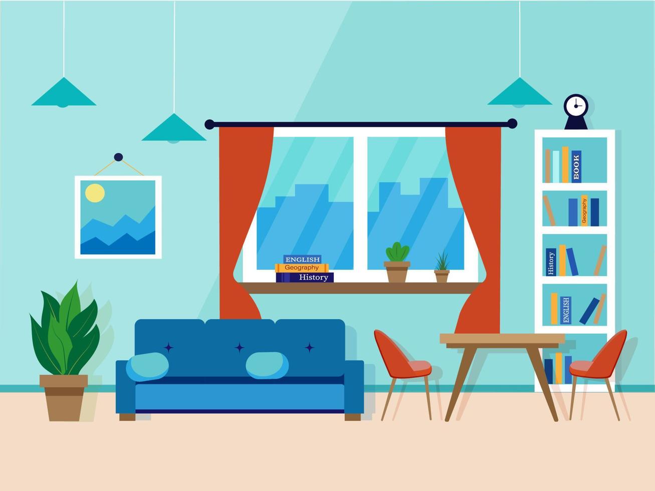 Interior of room. Living room interior. Window, flowerpots, sofa, bookshelf, books, table and chairs. Flat style, vector illustration design template.