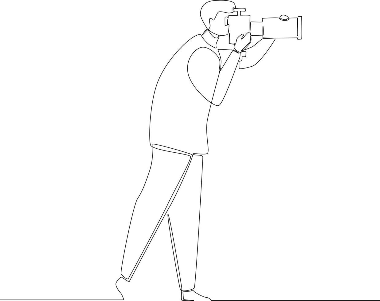 Simple continuous line drawing a people taking picture with tele lenses. Scenes from the Studio. Vector illustration.