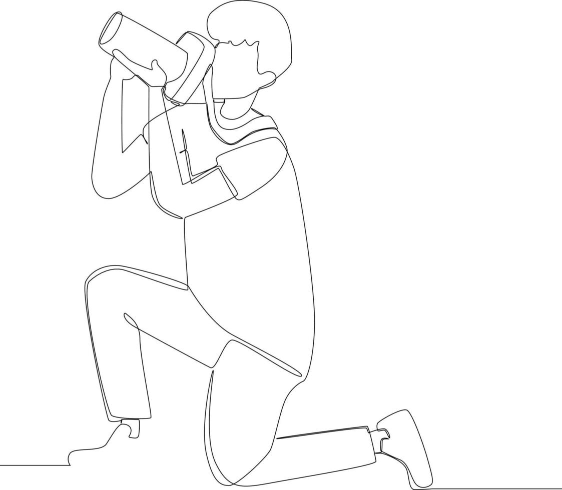 Simple continuous line, Photographer take a picture with classic camera. Scenes from the Studio. Vector illustration.