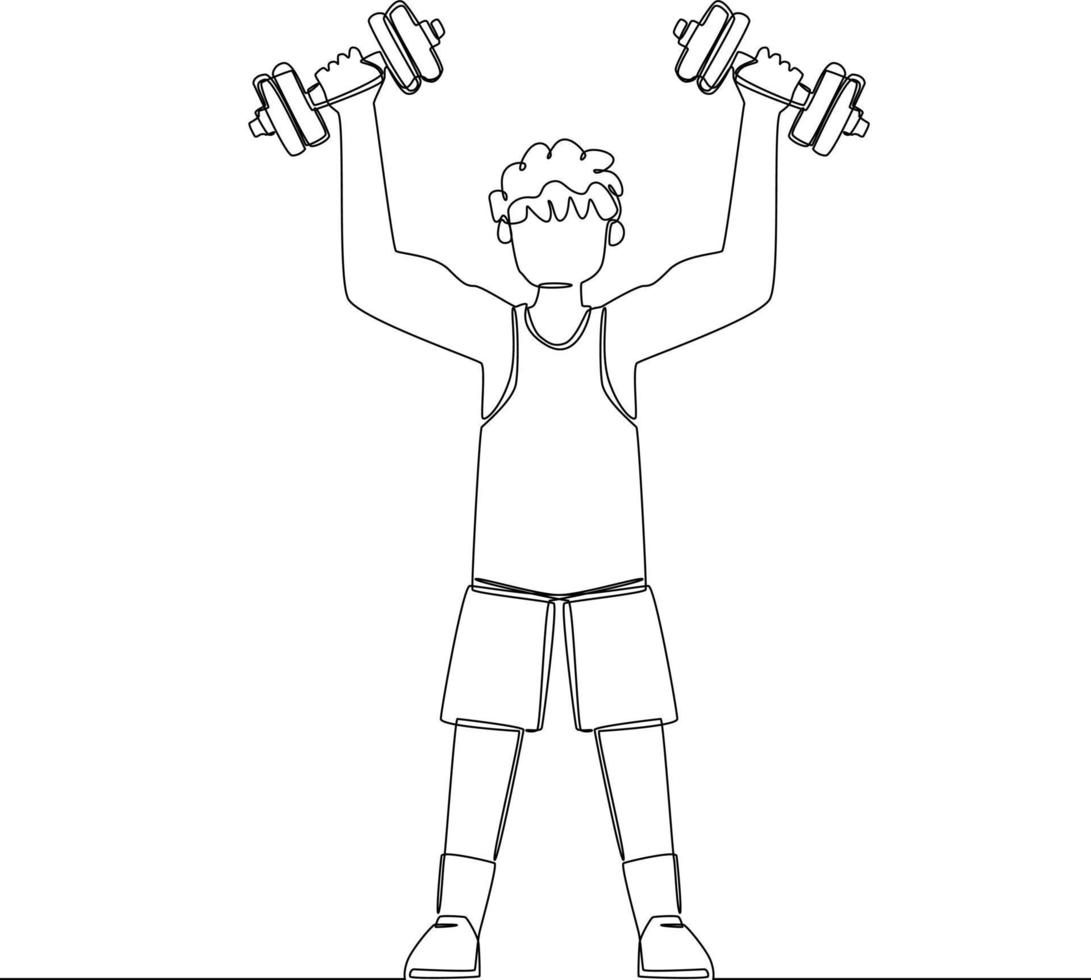 Continuous line drawing of The athlete does  exercises with dumbells. Vector illustration.