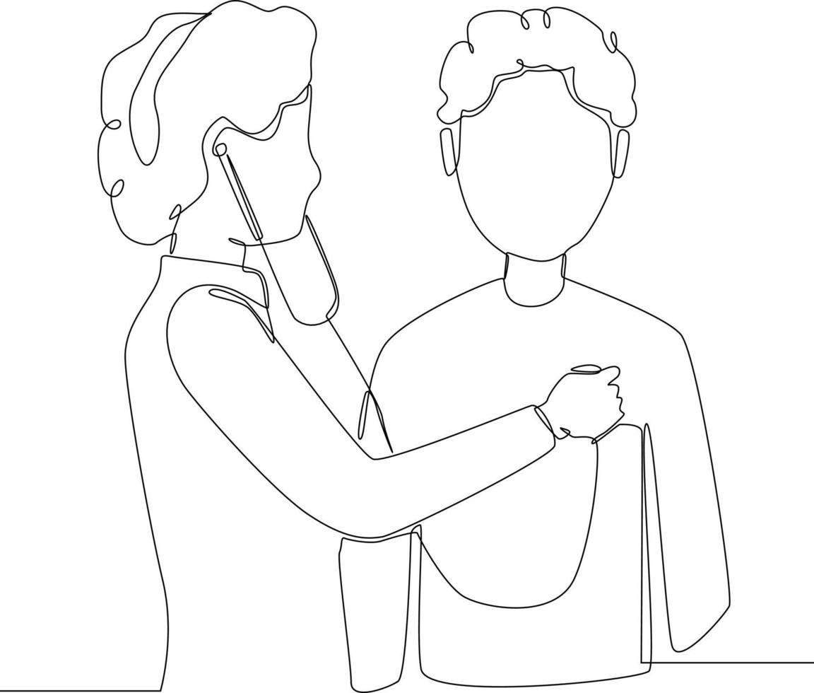 el dibujo de línea continua del médico está comprobando el tórax del paciente utiliza estetoscopio para escuchar la frecuencia cardíaca del paciente. ilustración vectorial vector