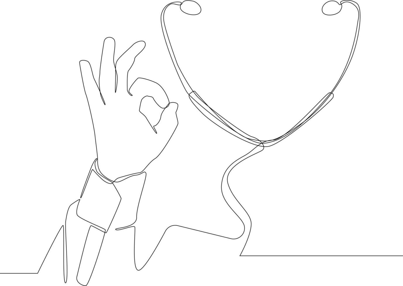 Simple continuous line drawing Stethoscope and gesturing approval expression doing okay symbol with fingers sign isolated on white background. Symbol medicine. Vector illustration