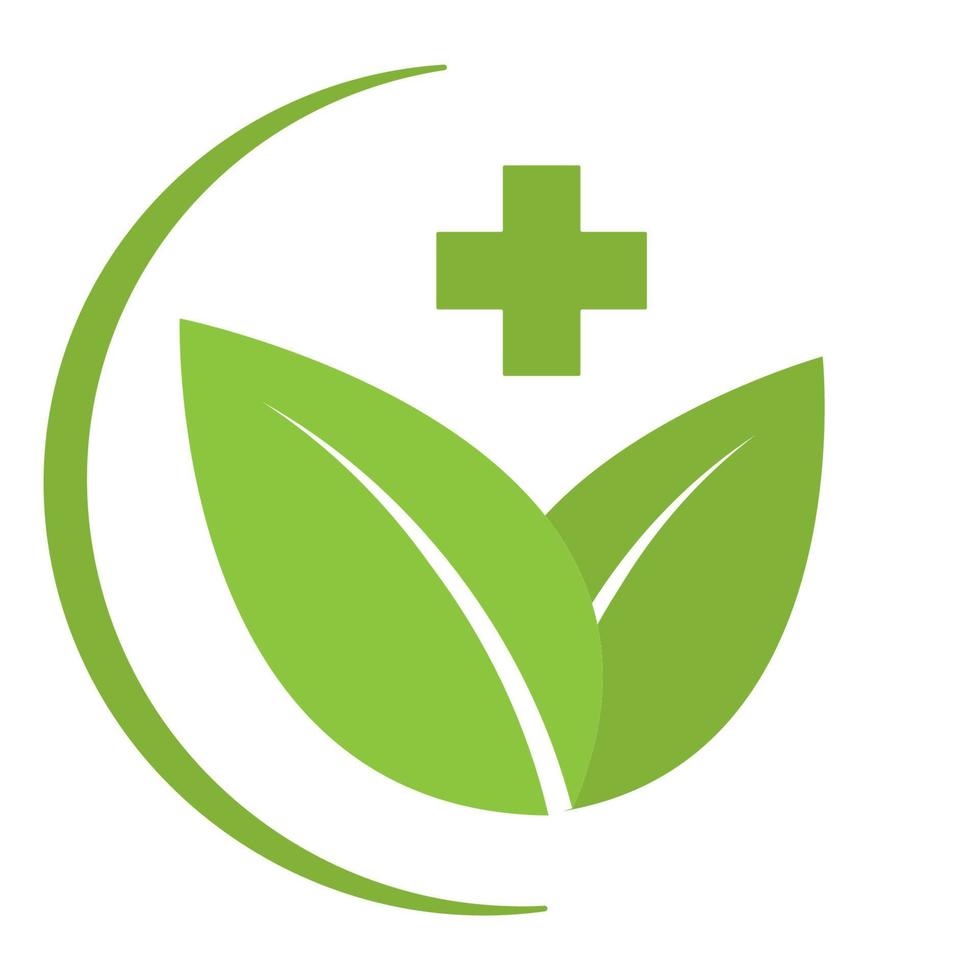 Green pharmacy logo illustration. Leaves with a medical cross vector