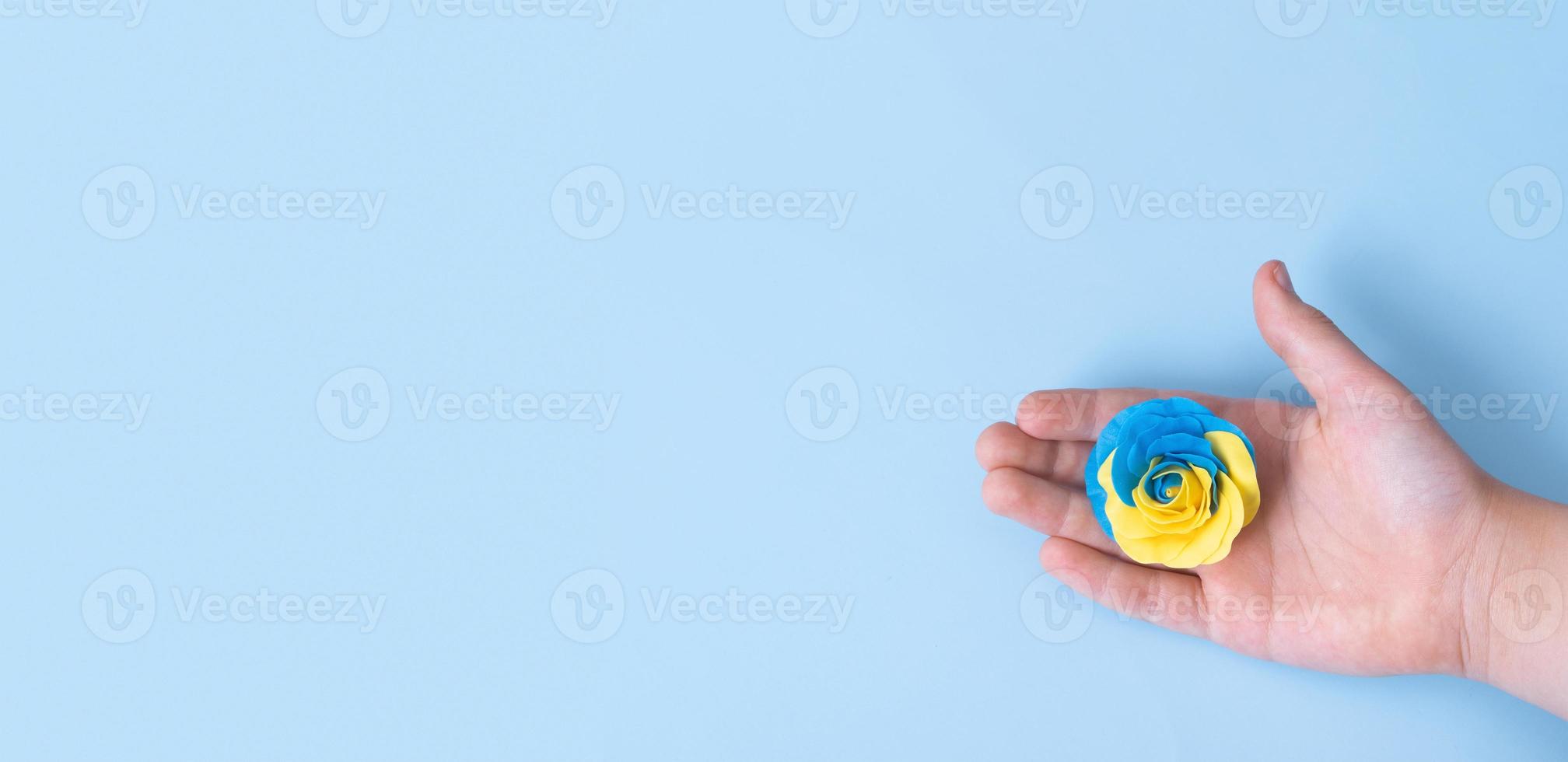 Banner with yellow-blue Ukrainian flag-colored rose in a childs hand, top view. Copy space photo