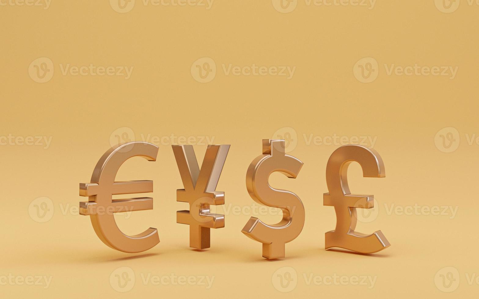 The main golden currency sign on yellow background include dollar yen euro and pound for trading forex and currency exchange concept by 3d render. photo