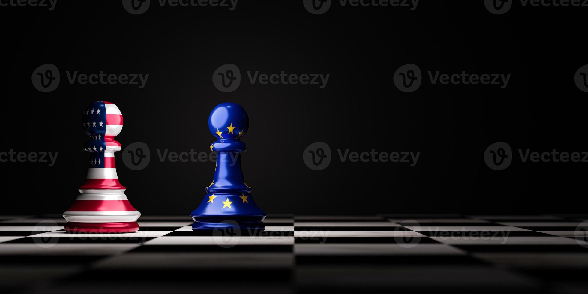 European Union or EU and America flag print screen on pawn chess for business economy and alliance trading concept by 3d render. photo